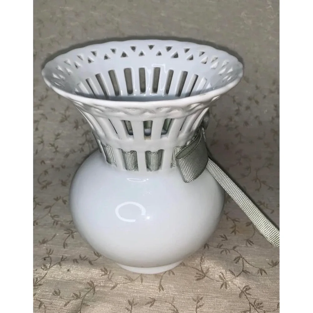 Two's Company Bridal Lace White Porcelain Reticulated Bud Vase Sage Green Ribbon